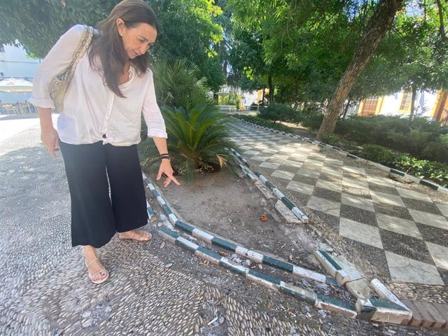 La portavoz de Vox en el Ayuntamiento de Córdoba, Paula Badanelli, señala los desperfectos en una zona de la ciudad.