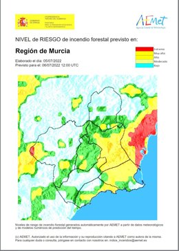 Nivel de riesgo forestal previsto en la Región de Murcia para el 6 de julio de 2022
