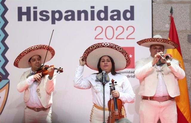 Varios mariachis durante la presentación de la segunda edición de  Hispanidad 2022, en la Real Casa de Correos, a 6 de julio de 2022, en Madrid (España). Hispanidad 2022 está organizado por la Oficina del Español del Ejecutivo autonómico y enfocado en la 