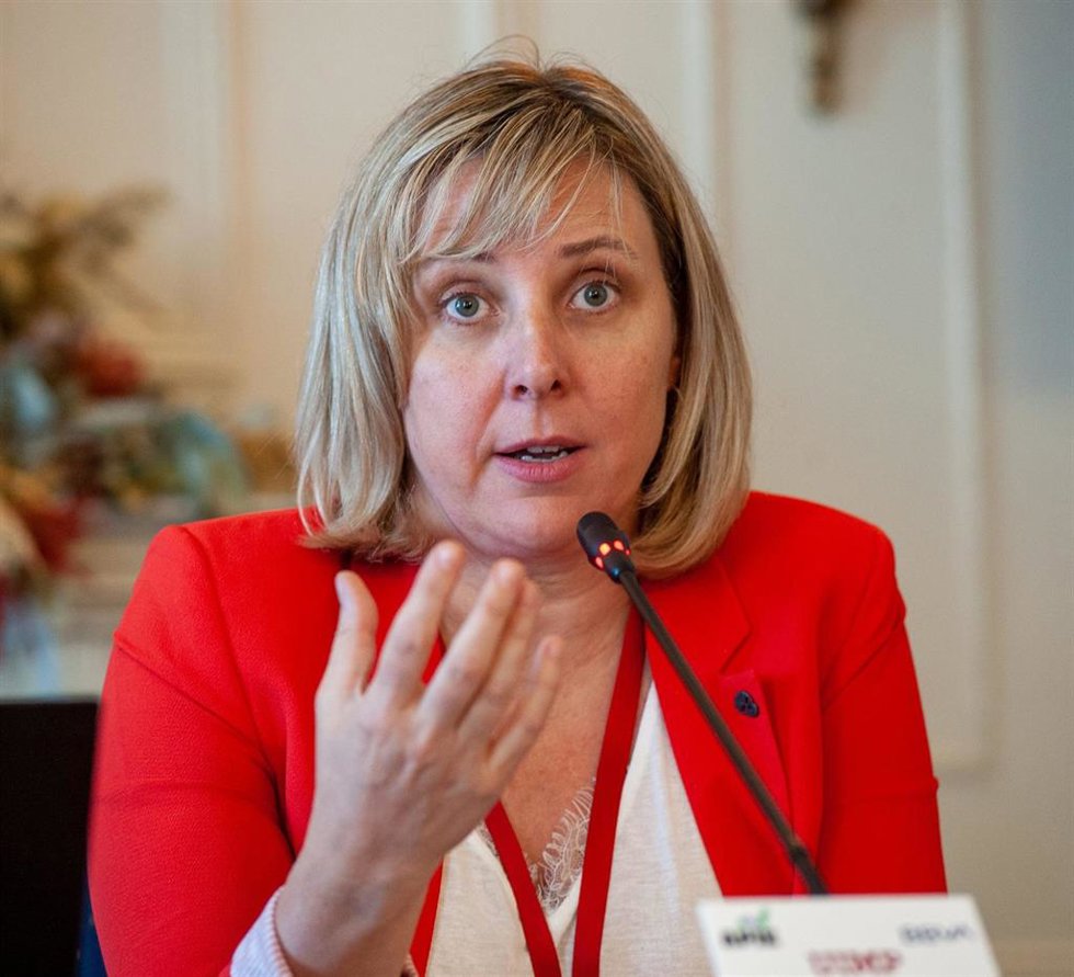 Patricia Suárez, presidenta de Asufin, durante su intervención en el curso de verano organizado por la APIE en la UIMP de Santander.