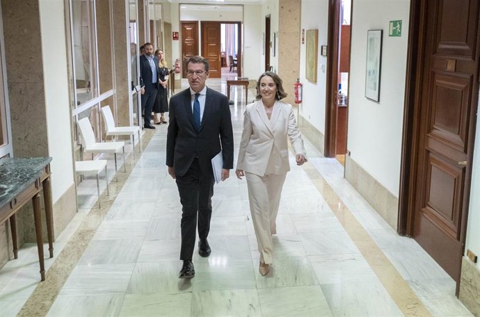 El presidente del PP, Alberto Núñez Feijóo y la secretaria general y portavoz del PP, Cuca Gamarra, a su llegada al Congreso de los Diputados, a 5 de julio de 2022, en Madrid (España). 