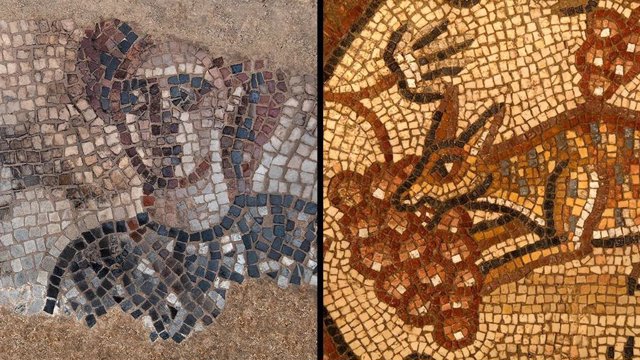 Izquierda: El comandante israelita Barak representado en el mosaico de la sinagoga Huqoq. Derecha: Zorro comiendo uvas representado en el mosaico de la sinagoga de Huqoq.