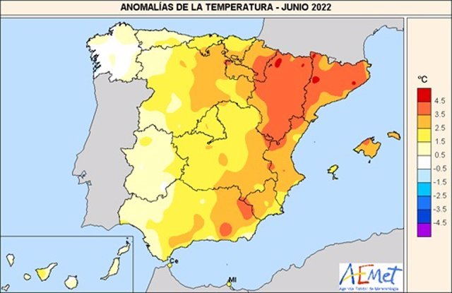 Mapa de las anomalías de la temperatura en el mes de junio