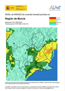 Nivel de riesgo forestal en la Región de Murcia a 7 de julio de 2022