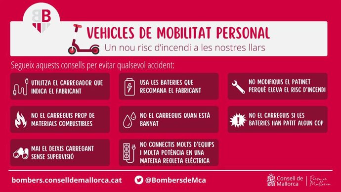 Bomberos de Mallorca lanzan una campaña para prevenir incendios en hogares asociados a la carga de patinetes.
