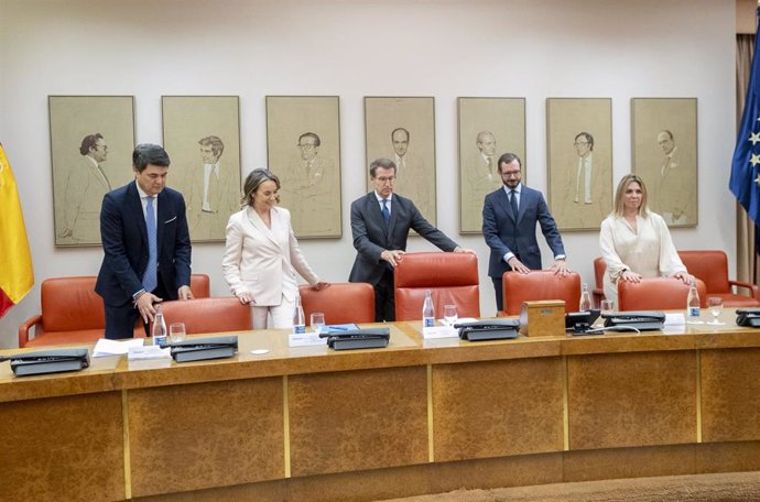 (I-D) El secretario General del Grupo Popular en el Congreso, Carlos Rojas; la secretaria general y portavoz del PP, Cuca Gamarra; el presidente del PP, Alberto Núñez Feijóo; el portavoz del PP en el Senado, Javier Maroto y la portavoz adjunta del PP en