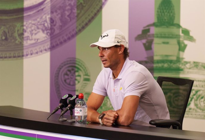 07 July 2022, United Kingdom, London: Spanish tennis player Rafael Nadal attends a press conference to announce his withdrawal due to injury from men's singles semi final match of the 2022 Wimbledon Grand Slam tournament at the All England Lawn Tennis a