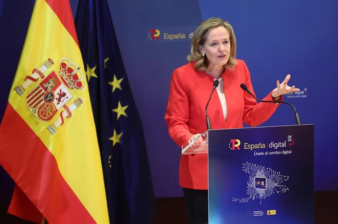 La vicepresidenta primera y ministra de Asuntos Económicos, Nadia Calviño, interviene en el acto España Digital 2026, a 8 de julio de 2022, en Madrid (España). España Digital 2026 es una jornada centrada en el Plan de Recuperación cuyo objetivo es d