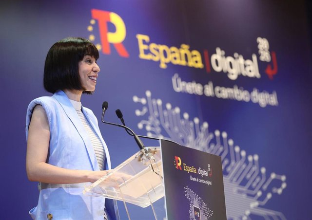 La ministra de Ciencia e Innovación, Diana Morant, interviene durante el acto ‘España Digital 2026’, a 8 de julio de 2022, en Madrid (España). 