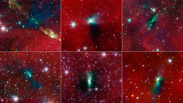 Seis imágenes tomadas por el telescopio Spitzer en las que estrellas binarias forman envolturas asimétricas