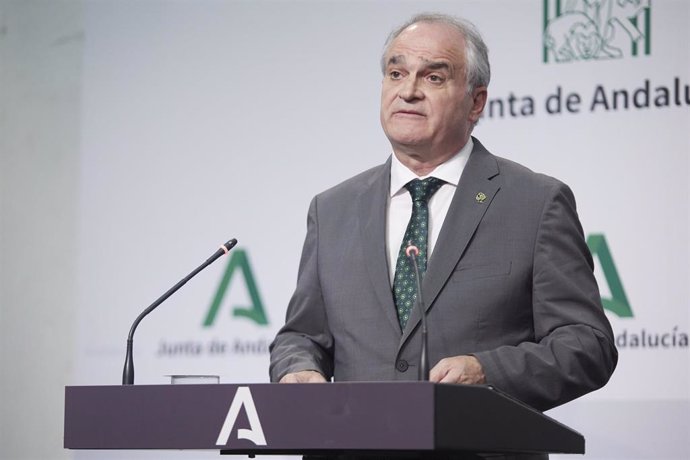 El presidente del Consejo Andaluz de Farmacéuticos, Antonio Mingorance, durante la rueda de prensa tras las reunión con el presidente en funciones de la Junta de Andalucía, Juanma Moreno, en el Palacio de San Telmo.