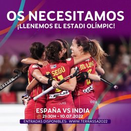 Campaña 'Llenemos el Estadi' de la RFEH para ayudar a España en el partido contra India en el Mundial de hockey hierba femenino