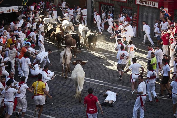Cuarto encierro de las Fiestas de San Fermín 2022 de la ganadería de La Palmosilla, a 10 de julio de 2022, en Pamplona, Navarra (España). Las fiestas en honor a San Fermín, patrón de Navarra, comienzan el día 6 con el tradicional chupinazo y se prolonga