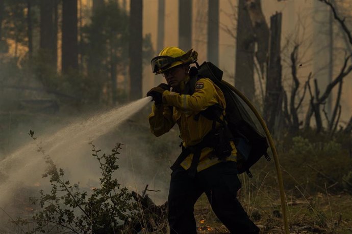 Archivo - 28 de marzo de 2021, Estados Unidos, Groveland: Un bombero de CalFire extingue un incendio forestal que arde al este de la comunidad de Groveland, en el Parque Nacional de Yosemite, California. Foto: Tracy Barbutes/ZUMA Wire/dpa