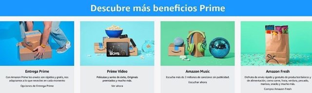Entrega Prime, Prime Vídeo, Amazon Music, Amazon Fresh.