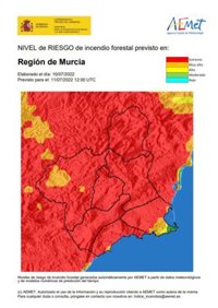 El nivel de riesgo de incendio forestal previsto para este lunes es extremo en toda la Región