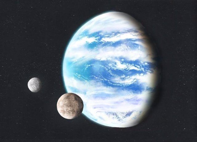 Impresión artística de un hipotético planeta oceánico con una atmósfera terrestre y dos satélites
