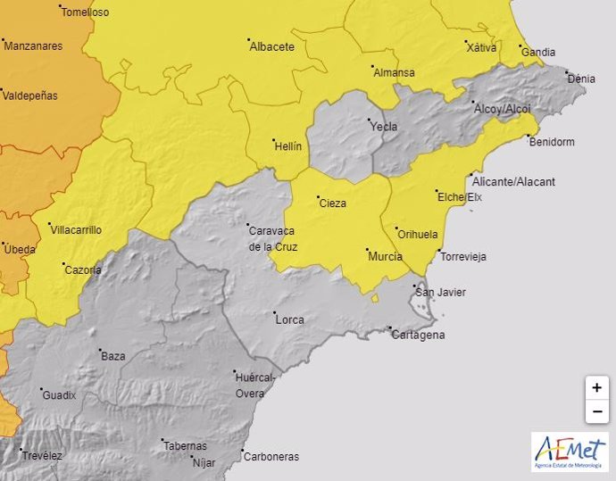 Mapa sobre el aviso amarillo por altas temperaturas