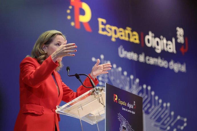 La vicepresidenta primera y ministra de Asuntos Económicos, Nadia Calviño, interviene en el acto España Digital 2026, a 8 de julio de 2022, en Madrid (España).