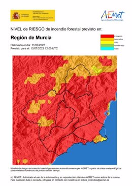 Mapa que muestra el nivel de riesgo de incendio forestal en la Región