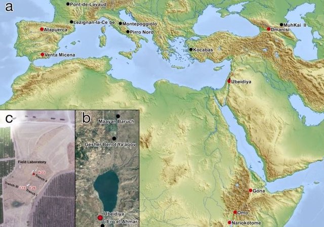 ( A ) Mapa De África Y Eurasia Con Los Principales Sitios Paleoantropológicos Del Pleistoceno.  (B) La Ubicación Del Sitio De 'Ubeidiya, Al Sur Del Lago Kineret (Mar De Galilea),  (C) Fotografía Aérea Del Plano De Excavación De Ubeidiya
