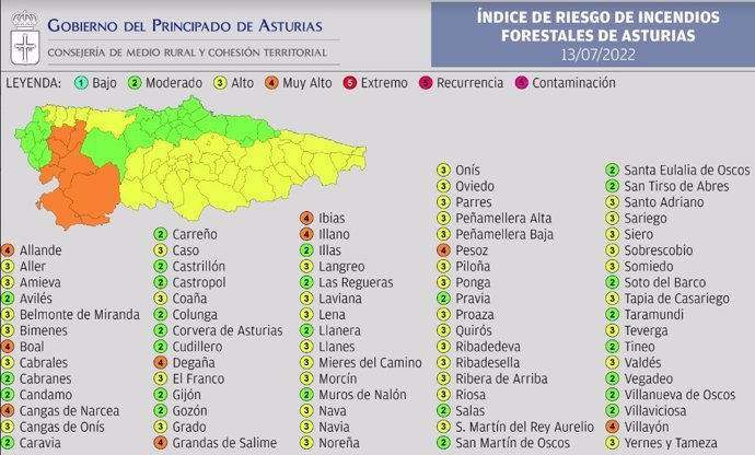 Índice De Riesgo De Incendio Forestal En Asturias Para El Miércoles 13 De Julio De 2022.