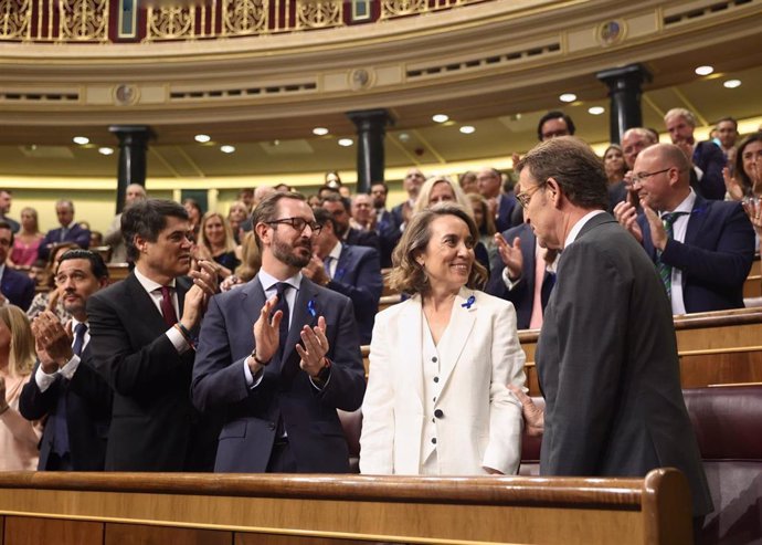 (I-D) El secretario General del Grupo Popular en el Congreso, Carlos Rojas; el portavoz del Partido Popular en el Senado, Javier Maroto; la secretaria general y portavoz del PP, Cuca Gamarra, y el presidente del PP, Alberto Núñez Feijóo, durante la prim