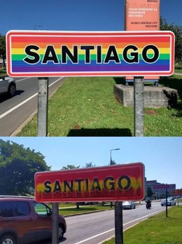 Antes y después del cartel vandalizado en Santiago con los colores de la bandera de España