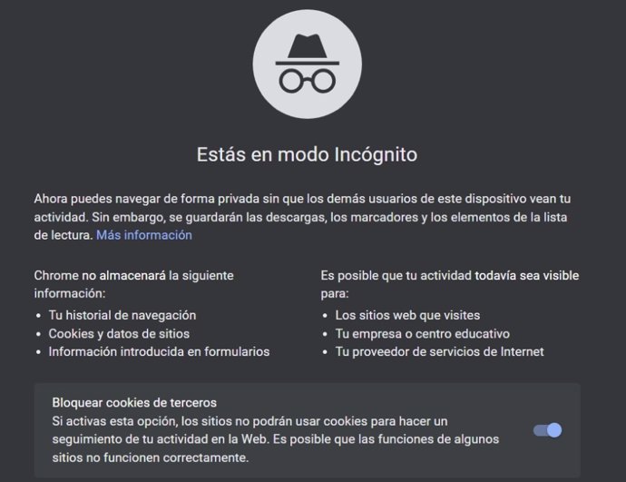 Aviso de consentimiento de cookies en el modo incógnito
