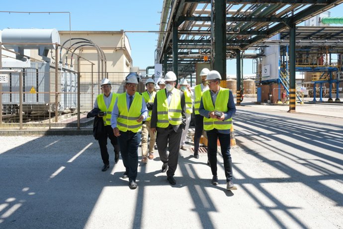El vicepresidente, Pablo Zuloaga, acompaña al secretario general de Industria y de la Pequeña y Mediana Empresa del Ministerio de Industria, Turismo y Comercio, Raúl Blanco, en la visita a la Empresa Bondalti