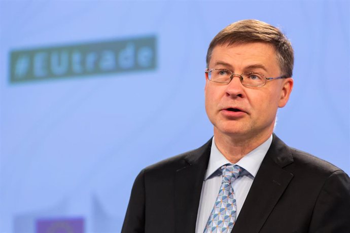 HANDOUT - 22 June 2022, Belgium, Brussels: Valdis Dombrovskis, Executive Vice-President of the European Commission, holds a press conference on the Trade and Sustainable Development. Photo: Aurore Martignoni/European Commission/dpa - ATTENTION: editoria