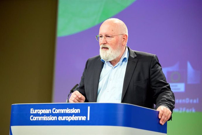 HANDOUT - 22 June 2022, Belgium, Brussels: Eu Executive Vice-President Frans Timmermans speaks during a joint press conference on the Nature Restoration Law and the Commission's proposal to halve the use of pesticides by 2030, following the weekly meeti