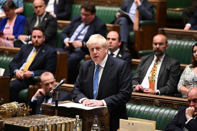 HANDOUT - 04 July 2022, United Kingdom, London: UKPrime Minister Boris Johnson makes a statement to MPs on the recent, Nato, G7 and the Commonwealth Heads of Government Meeting (CHOGM) meetings, in the House of Commons. Photo: Jessica Taylor/Uk Parliam