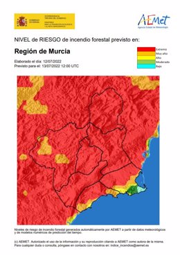 Mapa de riesgos de incendio forestal en la Región