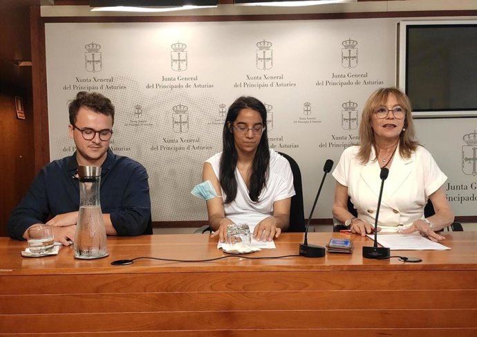 El presidente del Consejo de la Juventud d eAsturias, Daniel Sierra, junto a la vicepresidenta del Consejo, Carmen Félix, y la portavoz de IU en la Junta General, Ángela Vallina.