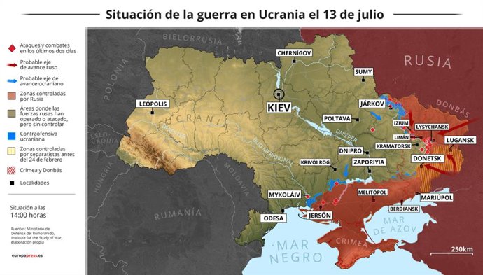 Mapa con la situación de la guerra en Ucrania el 13 de julio de 2022 (Estado a las 14:00 horas). El Gobierno de Rusia ha asegurado este miércoles haber matado a más de 350 militares ucranianos en un bombardeo contra un astillero en la ciudad de Mikolaiv