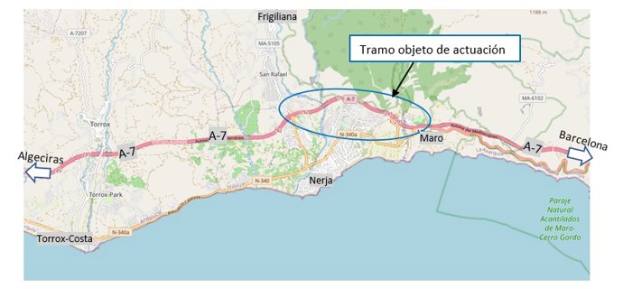 Actuaciones licitadas por el Gobierno para rehabilitar el firme en un tramo de la A-7 en Nerja y Frigiliana