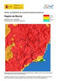 El nivel de riesgo de incendio forestal previsto para este jueves sigue siendo extremo en toda la Región