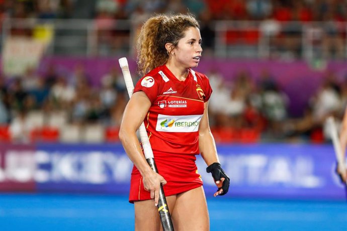 Georgina Oliva of Spain protest during the FIH Hockey Women's World Cup 2022, Pool C, hockey match played between Spain v Argentina at Estadi Olimpic on July 03, 2022, in Terrassa, Barcelona, Spain.