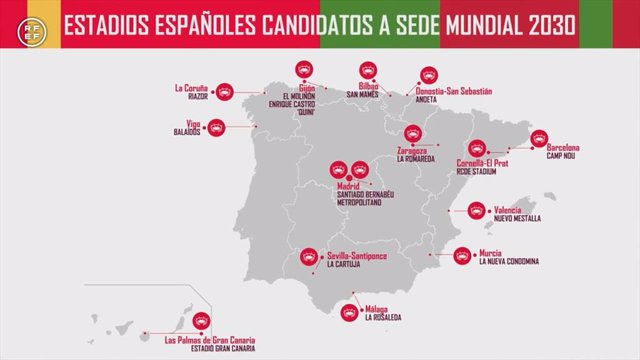 Estadios españoles preseleccionados para albergar el Mundial 2030, en la candidatura de España y Portugal
