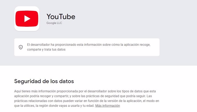 La sección de Seguridad de los datos en la informacion de la app de YouTube en Play Store