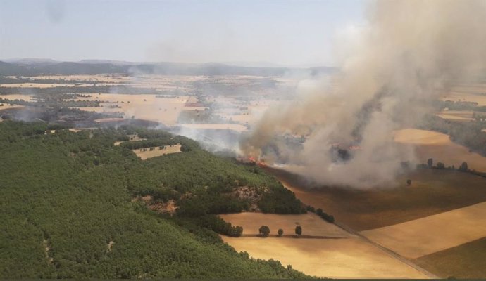 Incendio forestal en Valdeande (Burgos) este jueves.