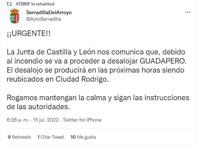 Captura del mensaje del Ayuntamiento de Serradilla del Arroyo.