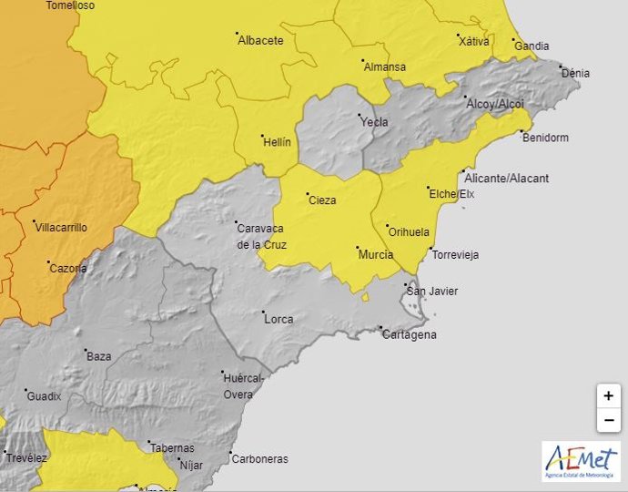Mapa del aviso por altas temperaturas en la Región