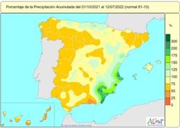 La falta de lluvias acumulada en España desde el 1 de octubre de 2021 al 12 de julio de 2022 llega al 25%.