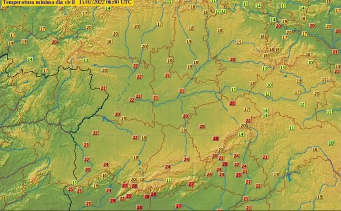 Mapa de temperaturas mínimas de este viernes, 15 de julio.