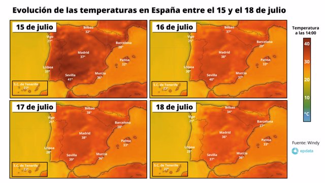 Mapas con las temperaturas en España entre el 15 y el 18 de julio de 2022