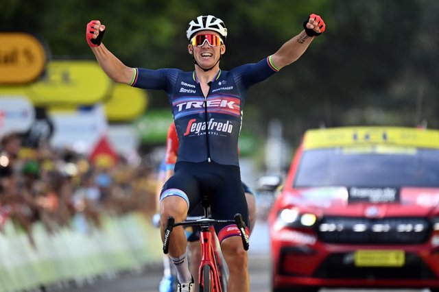 Danish cyclist Mads Pedersen of Trek-Segafredo celebrates winning the 13th stage of the 109th edition of the Tour de France cycling race, a 193-kilometer-long flat stage from Le Bourg-d'Oisans to Saint-Etienne