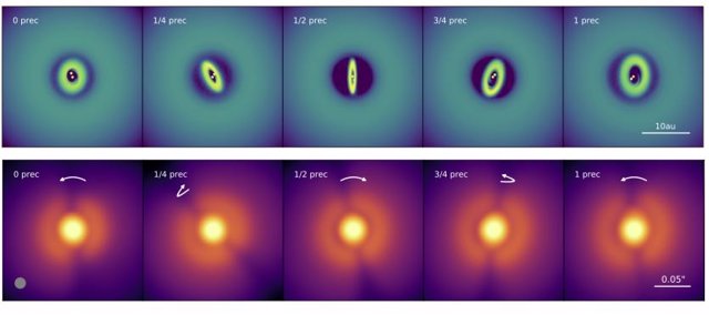 Esta es una imagen fija de una simulación de un disco planetario en formación, realizada por la Universidad de Warwick y Rebecca Nealon, investigadora de Stephen Hawking. Las imágenes muestran el disco interno giratorio en la mitad superior y la sombra qu