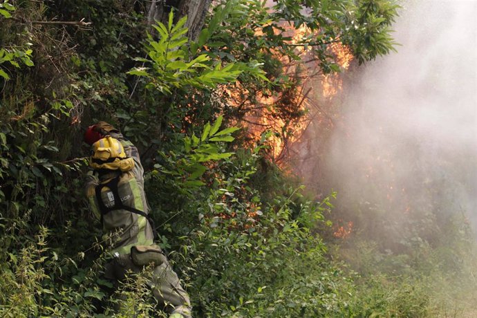 Un membro das Brigadas de Reforzo en Incendios Forestais (BRIF) realiza labores de extinción nas inmediacións dun incendio, a 15 de xullo de 2022, en Samos, Lugo, Galicia (España). A Consellería do Medio Rural decretou a alerta por proxi